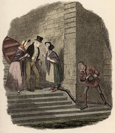 Noe Claypole spionerer på den hemmelige aftale mellem Mr. Brownlow, Rose Maylie og Nancy - mødet - Illustration for “” Oliver Twist ”” (Olivier) (The Adventures of Oliver Twist) af Charles Dickens (1812-1870), af George Cruikshank (1792-1878). af George Cruikshank