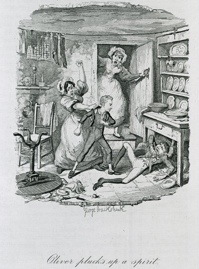 Oliver plukker en ånd op, 1837 af George Cruikshank