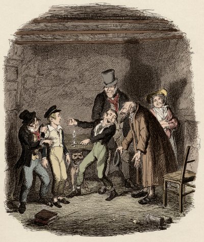 Oliver Twist modtages af gamle Fagin og hans hold - Oliver modtages af Fagin og drengene - Illustration til "Oliver Twist" (Olivier) (The Adventures of Oliver Twist) af Charles Dickens (1812-1870), af George Cruikshank (1792-1878) . af George Cruikshank