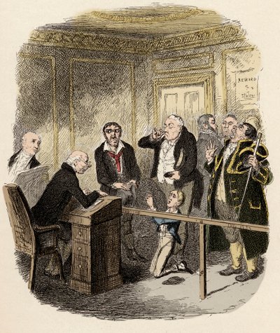 Oliver bønfaldt børnedommeren om ikke at lade ham komme i lære ved Gamfield, skorstenen - Oliver slipper for at blive bundet i lære til fejeren - Illustration til Charles Dickens "Oliver Twist" (Oliver) (The Adventures of Oliver Twist) (1812-1870), ved af George Cruikshank
