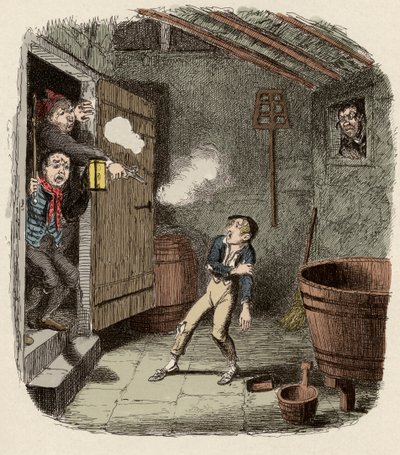 Oliver overrasket og såret under indbrudsforsøget - Indbruddet - Illustration til "" Oliver Twist"" (Olivier) (The Adventures of Oliver Twist) af Charles Dickens (1812-1870), af George Cruikshank (1792-1878). af George Cruikshank