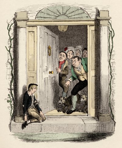 Oliver sår og udstødning beder om hjælp - Oliver Twist ved Mrs Maylies dør - Illustration til "" Oliver Twist"" (Olivier) (The Adventures of Oliver Twist) af Charles Dickens (1812-1870), af George Cruikshank (1792-1878) . af George Cruikshank