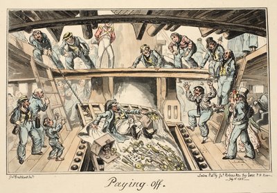 Paying Off, fra Greenwich Hospital, en serie af flådeskitser, Descriptive of a Life of a Man-of-Wars Man, pub. 1826 (håndfarvet gravering) af George Cruikshank
