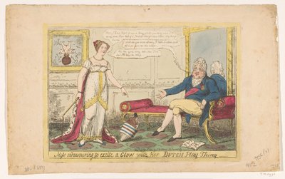 Prinsesse Charlotte spillede ud med sin hollandske snurretop, 1814 Frøken, der bestræber sig på at ophidse en glød med sin hollandske legeting (titel på objekt) af George Cruikshank