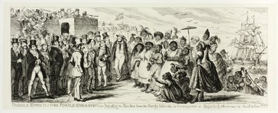 Sandsynlige virkninger af kvindelig udvandring eller import af det smukke køn fra de vilde øer som følge af eksport af alle vores egne til Australien.... fra George Cruikshanks stålstik til The Comic Almanacks: 1835-1853 af George Cruikshank