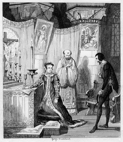 Dronning Mary i tilfælde af, at Simon Renard tilsluttede sig Philip af Spanien, 1840 af George Cruikshank