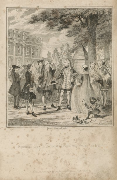 Randulph Crew introducerede til Beau Villiers på Mall af George Cruikshank