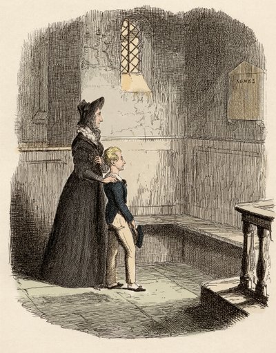 Rose Maylie og Oliver foran mindepladen af Agnes, deres søster og mor - Rose Maylie og Oliver - Illustration til "" Oliver Twist"" (Olivier) (The Adventures of Oliver Twist) af Charles Dickens (1812-1870), af George Cruikshank (179 af George Cruikshank