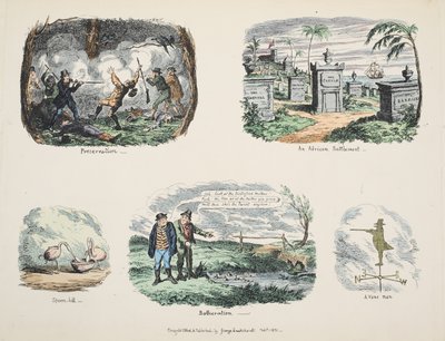 Scraps og skitser: Preservation, An African Settlement, Spoon-bill, Botheration, A Vane Man, pub. 1831 (håndfarvet gravering) af George Cruikshank
