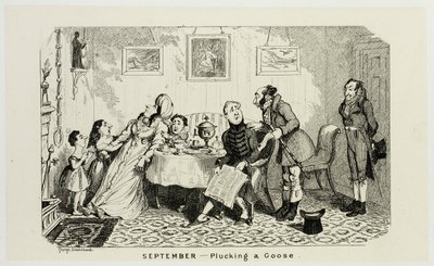 September - Plukning af en gås fra George Cruikshanks stålstik til The Comic Almanacks: 1835-1853 af George Cruikshank
