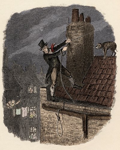 Sikes, efterfulgt af sin hund, forsøger at flygte - Den sidste chance - Illustration til "" Oliver Twist"" (Olivier) (The Adventures of Oliver Twist) af Charles Dickens (1812-1870), af George Cruikshank (1792-1878) . af George Cruikshank