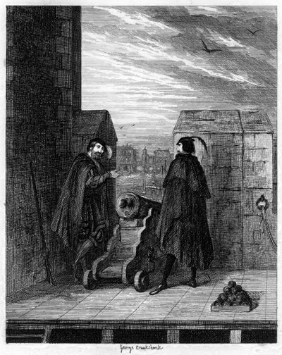 Simon Renard og vagtchefen Winwike på taget af Det Hvide Tårn, 1553 1840. af George Cruikshank