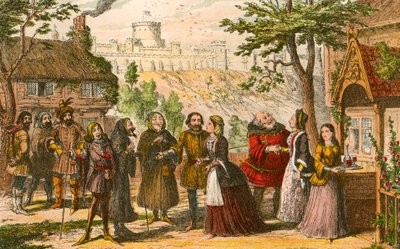 Sir John Falstaff på besøg hos sin ven Page i Windsor af George Cruikshank