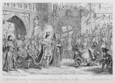 Sir John Falstaff får en uventet irettesættelse af kong Henrik den femte af George Cruikshank