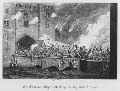 Sir Thomas Wyatt angriber Byward Tower (gravering) af George Cruikshank