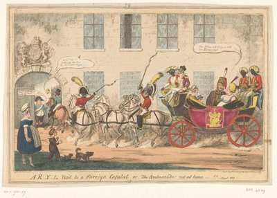 Spotprent af prinsesse Caroline, 1817 Et R-Y-L besøg i en udenlandsk hovedstad eller, ambassadøren ikke hjemme-!! (titel på objekt) af George Cruikshank