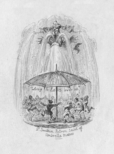 St. Swithin skytshelgen for paraplymagere, 1829 af George Cruikshank