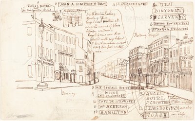 Gadeperspektiv med forretningssteder mærket af George Cruikshank