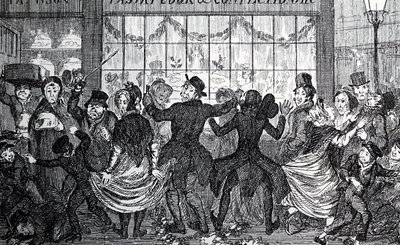 Gadepindsvin forårsager kaos i menneskemængden uden for en konditor- og konditorbutik på 12. nat af George Cruikshank