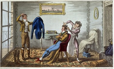 Skrædder og frisør i hjemmet - i "" Life in Paris"" af David Carey, ill. af George Cruikshank, red. Fairburn, London af George Cruikshank