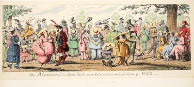 The Bloomers in Hyde Park eller En ekstraordinær udstilling i 1852, udgivet. 1852 (håndkoloreret gravering) af George Cruikshank