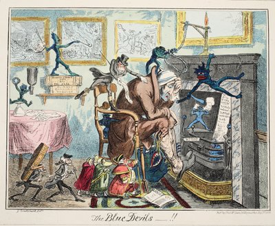 The Blue Devils, pub. 1835 (håndfarvet gravering) af George Cruikshank