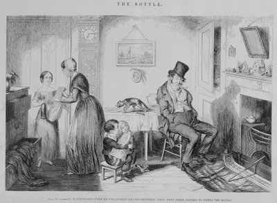 Flasken, Plade II, Han bliver afskediget fra sit arbejde for fuldskab: de pantsætter deres tøj for at forsyne flasken, 1847 af George Cruikshank