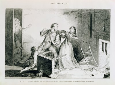 Flasken, Plade VI, Frygtelige skænderier og brutal vold er de naturlige konsekvenser af hyppig brug af flasken, 1847 af George Cruikshank