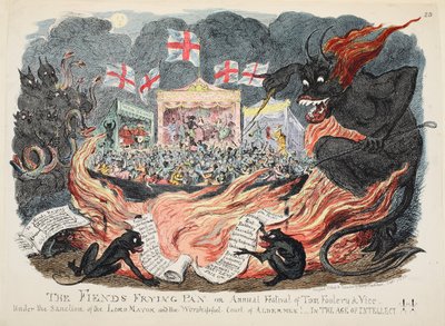 The Fiends Frying Pan eller Annual Festival of Tom Foolery & Vice, pub. 1832 (håndfarvet gravering) af George Cruikshank