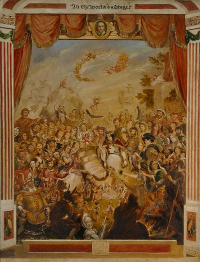 William Shakespeares første optræden på scenen i Globe Theatre af George Cruikshank