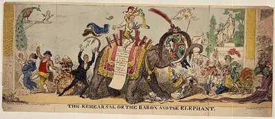 The Rehearsal or the Baron and the Elephant, satirisk tryk på Kembles udførlige produktioner på Covent Garden Theatre, der involverer dyr af George Cruikshank