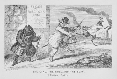 Hjorten, Tyren og Bjørnen, en jernbanefabel (gravering) af George Cruikshank
