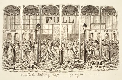 Den første Shilling-dag - Går ind, pub. 1851 (gravering) af George Cruikshank