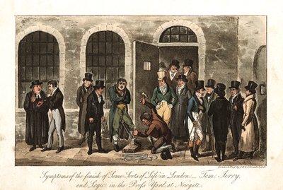 Tom, Jerry og Logic in the Press Yard, Newgate-fængslet, London, 1821 af George Cruikshank