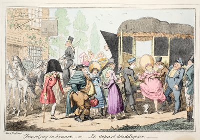 Rejser i Frankrig eller Le Depart de la Diligence, pub. 1835 (håndfarvet radering) af George Cruikshank