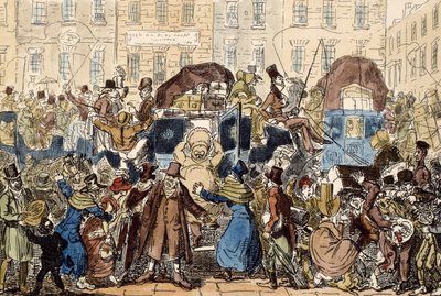 At rejse i England, eller et kig fra den hvide hestekælder, 1819 (håndfarvet radering) af George Cruikshank
