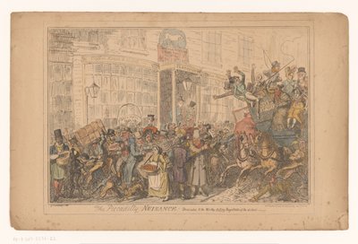 Verkehrschaos uden for hotellet Old White Horse Cellar i Piccadilly Piccadilly-ulagen! Dedikeret til de værdige, fungerende dommere i distriktet (titel på objekt) af George Cruikshank