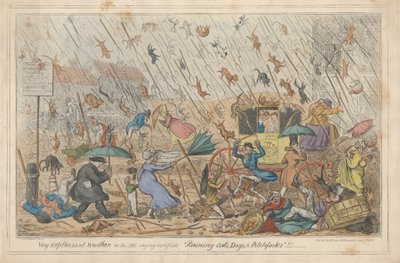 Meget ubehageligt vejr, eller det gamle ordsprog bekræftet "regnende katte, hunde og højgafler."!!! af George Cruikshank