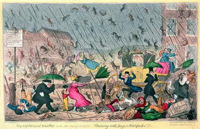 Meget ubehageligt vejr, eller det gamle ordsprog verificerede regnende katte, hunde og højgafler!, pub. af G. Humphrey, 1820 af George Cruikshank