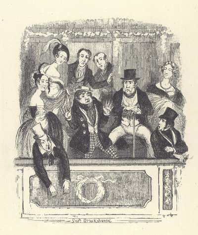 Victorianske teatergængere stimler sammen i en boks på et London-teater (gravering) af George Cruikshank