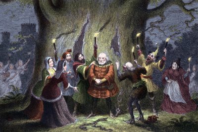 William Shakespeare The Merry Wives of Windsor, skuespil første gang opført 1597 eller 1600. Falstaff, efter at have beholdt sin formodede opgave med i Windsor Forest Mistress Ford som Herne the Hunter og blevet klemt og slået af 