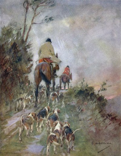 Illustration til historien om en kronhjort (farve litho) af George Denholm Armour