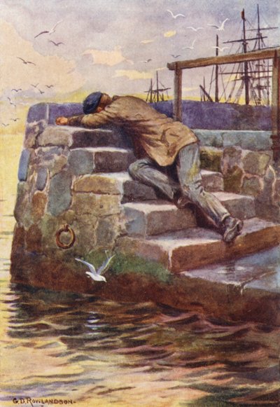 Anstrengelserne opbrugte hans kræfter (farvelitografi) af George Derville (after) Rowlandson