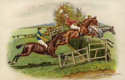 Væddeløbsheste springer en forhindring af George Derville Rowlandson