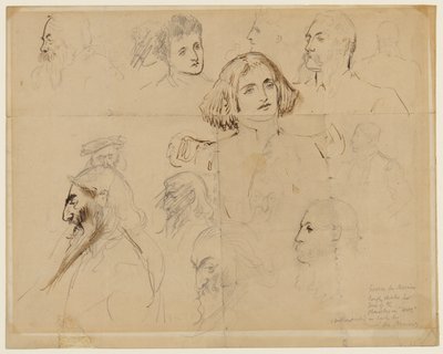 Groft skitse for nogle af karaktererne i Trilby, inklusive Trilby og Svengali (blyant, pen og blæk på papir) af George du Maurier