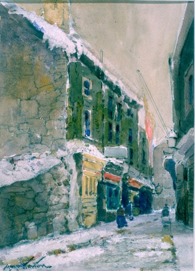 Winter, Clive Street, North Shields (kul og akvarel på papir klistret på kort) af George Edward Horton