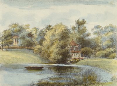Chinese Temple and Temple of Eolus, Kew Gardens, plade 16 fra Kew Gardens: A Series of Twenty-Four Drawings on Stone, graveret af Charles Hullmandel (1789-1850) udgivet 1820 (håndkoloreret litho) af George Ernest after Papendiek