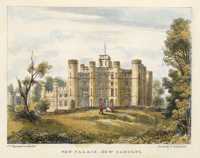 New Palace, Kew Gardens, plade 1 fra Kew Gardens: A Series of Twenty-Four Drawings on Stone, graveret af Charles Hullmandel (1789-1850) udgivet 1820 (håndkoloreret litho) af George Ernest after Papendiek