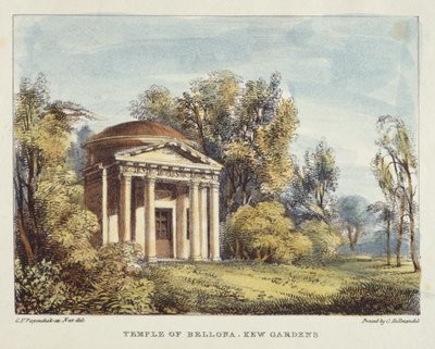Temple of Bellona, Kew Gardens, plade 24 fra Kew Gardens: A Series of Twenty-Four Drawings on Stone, graveret af Charles Hullmandel (1789-1850) udgivet 1820 (håndkoloreret litho) af George Ernest after Papendiek