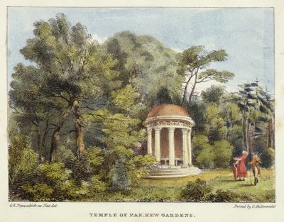 Temple of Pan, Kew Gardens, plade 12 fra Kew Gardens: A Series of Twenty-Four Drawings on Stone, indgraveret af Charles Hullmandel (1789-1850) udgivet 1820 (håndkoloreret litho) af George Ernest after Papendiek